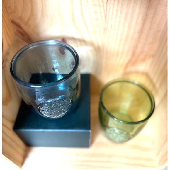 Authentic Recycled San Miguel Lowball Glasses Blue & Yellow Green SZ 4" H x 3" W - Picture 3 of 7